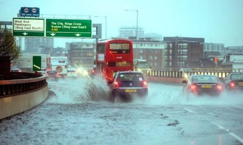 Heavy rain on the roads of London