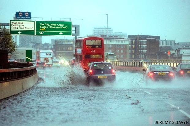 Heavy rain on the roads of London