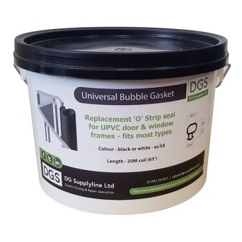 Plastic tub of Universal Bubble Gasket in black rubber