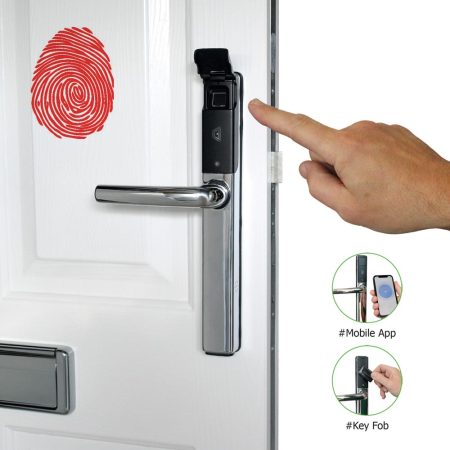 Q-Smart Fingerprint Door Handle in operation - Inset pictures show smart phone and keyfob entry